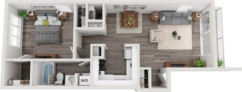 Floor plan for 1 bed, 1 bath, 741 sqft